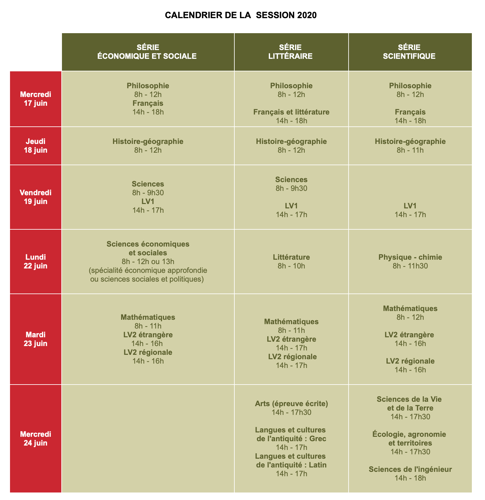 Calendrier Bac